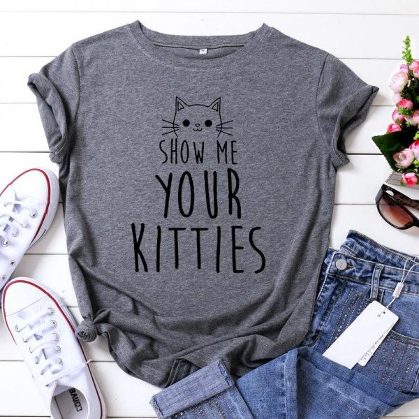 SHOW ME YOUR KITTIES Letter Print Cotton T-Shirt - Modakawa Modakawa