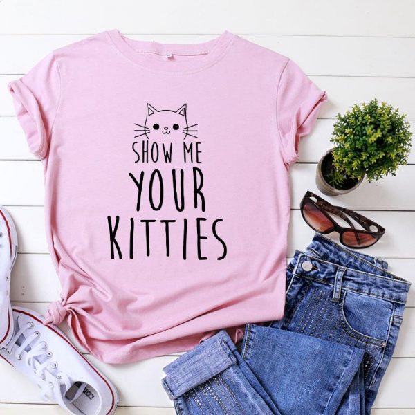 SHOW ME YOUR KITTIES Letter Print Cotton T-Shirt - Modakawa Modakawa