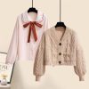 V-neck Cardigan Sweater Bow Tie Shirt Pleated Skirt Three Pieces Set - Modakawa modakawa