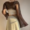 Chic Bell Sleeve See Through Hollow Out Crochet Crop Top - Modakawa Modakawa