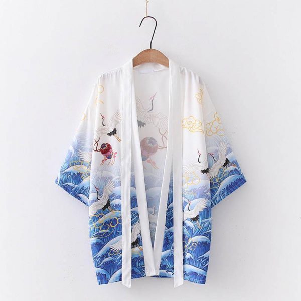 Crane Print Japanese Belted Kimono Outerwear Sun Protective - Modakawa Modakawa