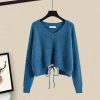 V-neck Lace Up Knit Sweater A-line Skirt Two Pieces - Modakawa modakawa