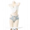 Pure Color Tank Top Hollow Out Denim Shorts Lingerie Set - Modakawa Modakawa