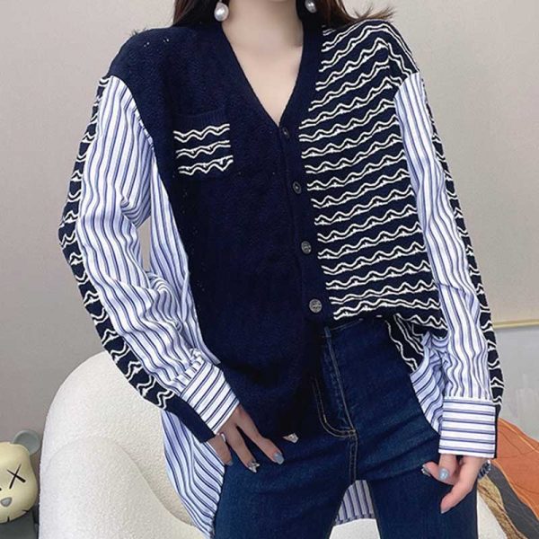 Colorblock Stripe Loose V-neck Cardigan Sweater Shirt - Modakawa modakawa